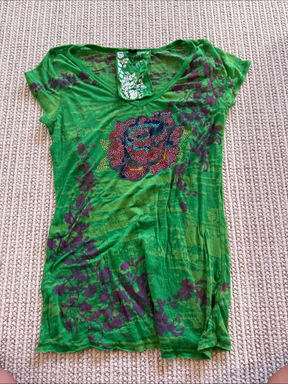 Buffalo David Bitton Green Floral V-Neck Tunic with Embellished Rose